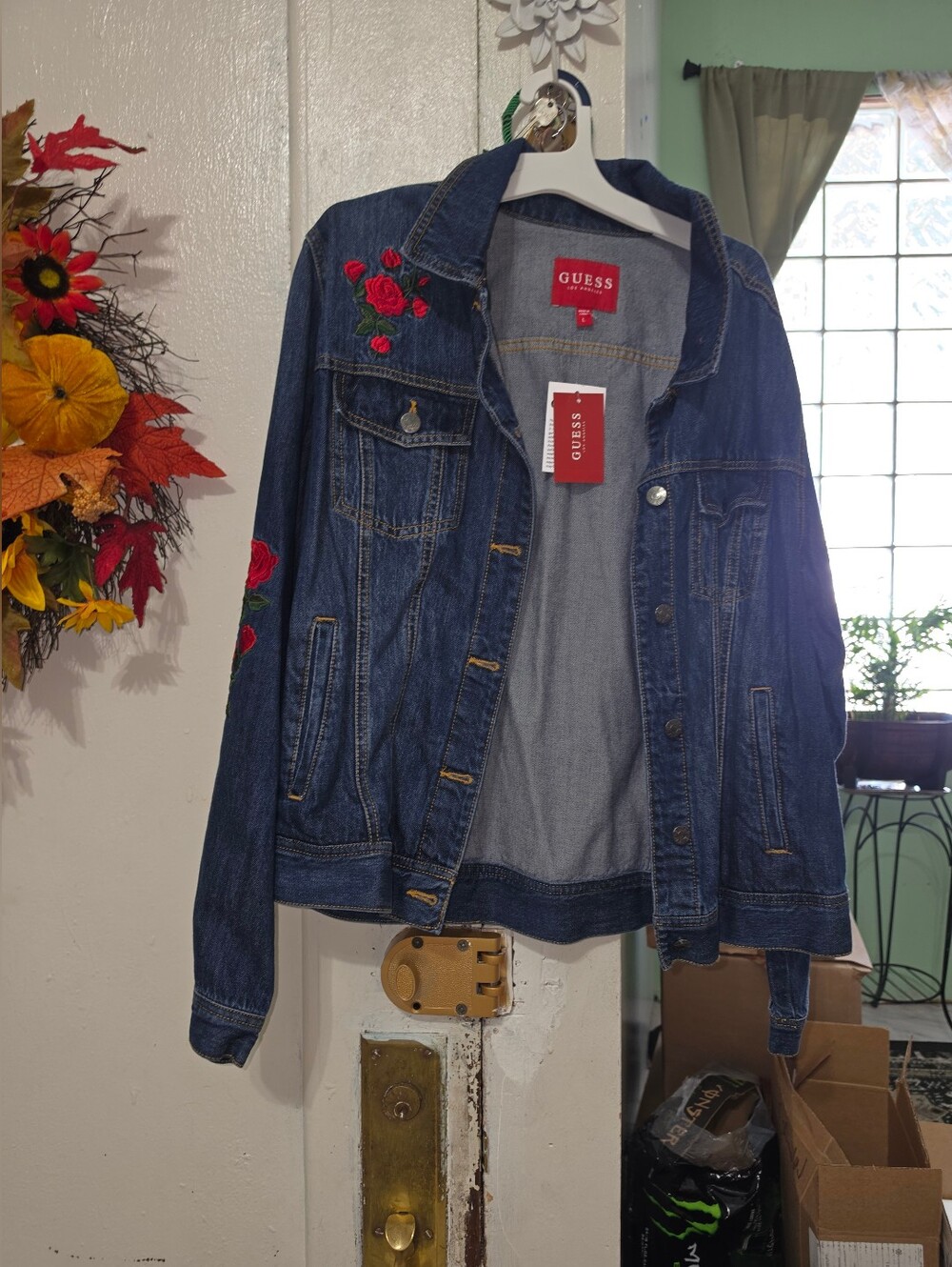 GUESS Blue Denim Jacket with Red Floral Embroidery